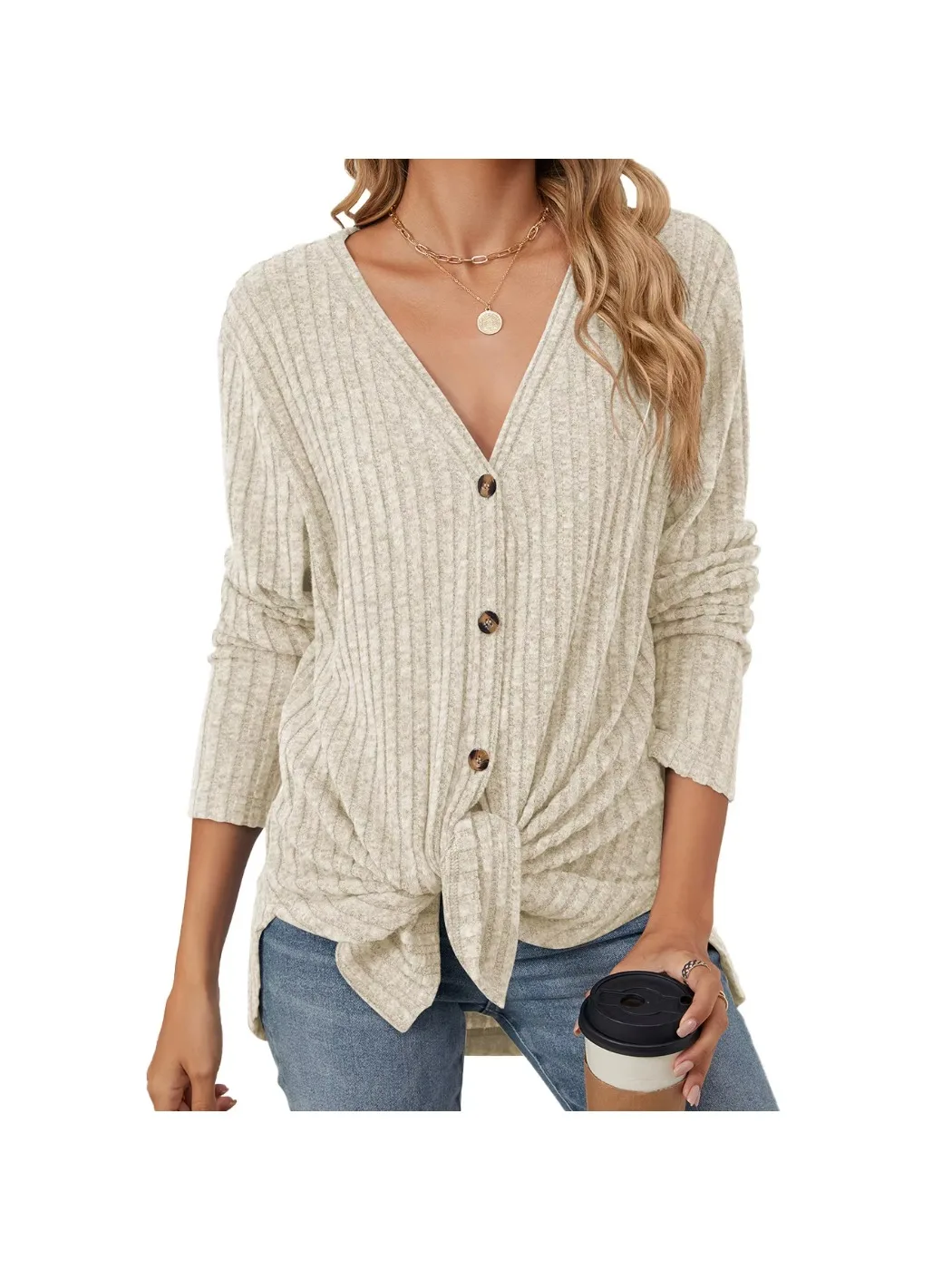 

Women Long Sleeve Button-up Cardigan Knitted Tops