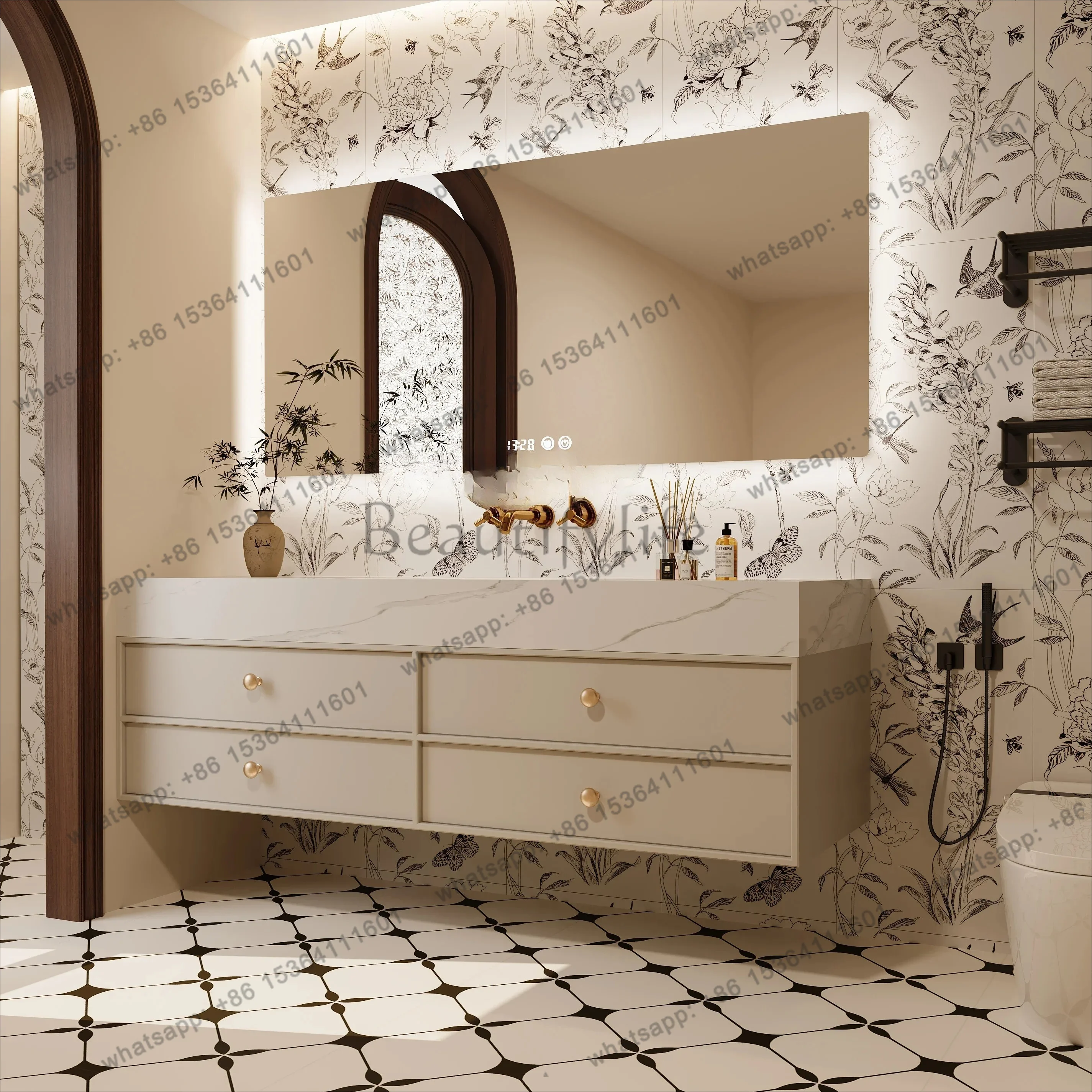 Cream French wind rock slab seamless hot bending ceramic integrated washbasin washbasin bathroom cabinet