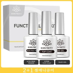 BORN PRETTY 3pcs Functional Gel Kit 10ml Base Gel Super Top Coat Acid-Free Primer for Semi Permanent UV Led Gel Varnish Soak Off