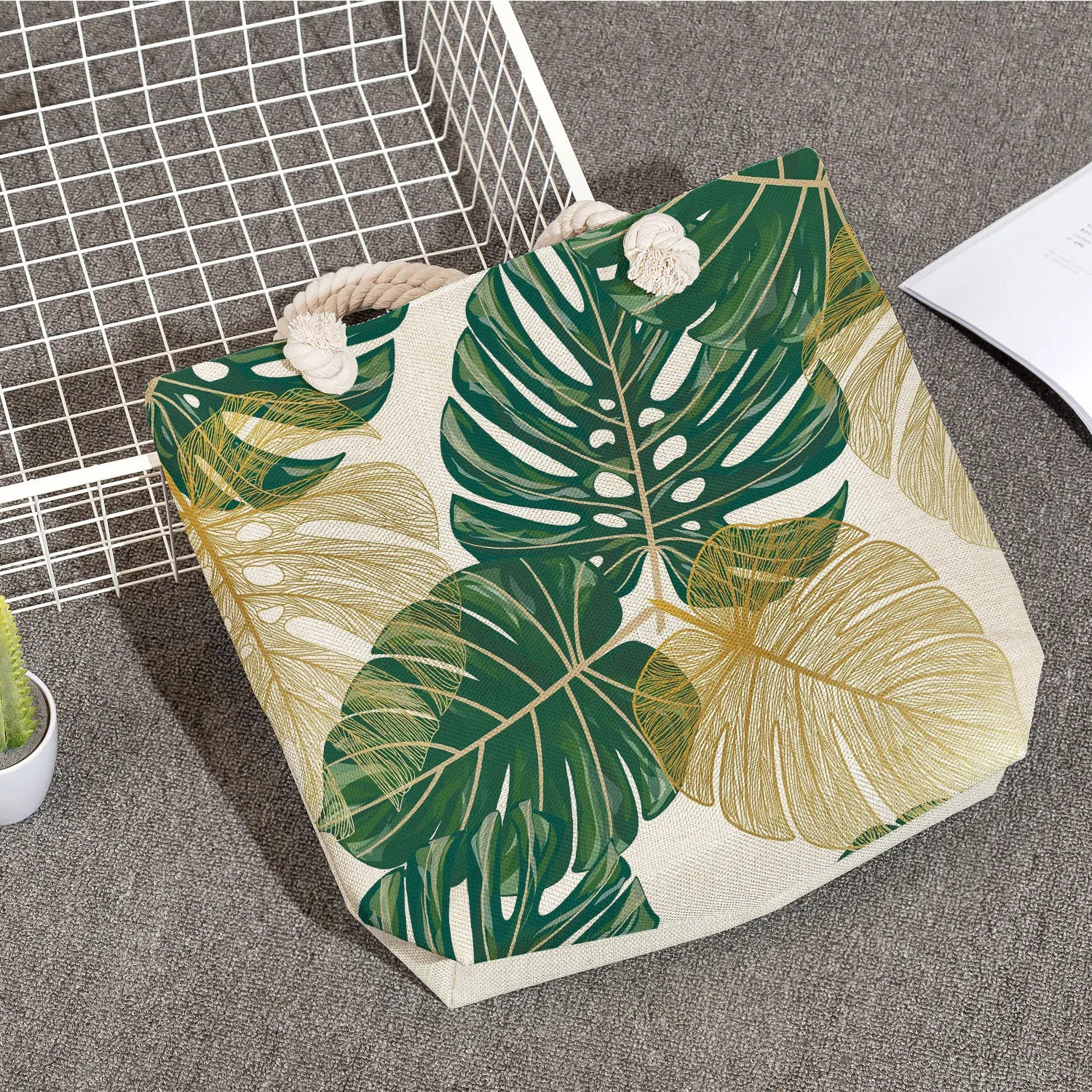 Sac fourre-tout en lin pour femme, sac à provisions, sac de plage de voyage, sacs à main College cuir chevelu tortue, grande capacité, plante verte, feuilles initiées, cuillère à soupe