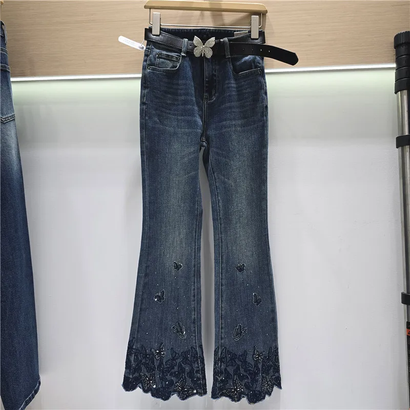Fashionable Embroidery Butterfly Hot Diamonds Flare Jeans for Women New Spring Autumn High Waist Stretch Skinny Long Denim Pants