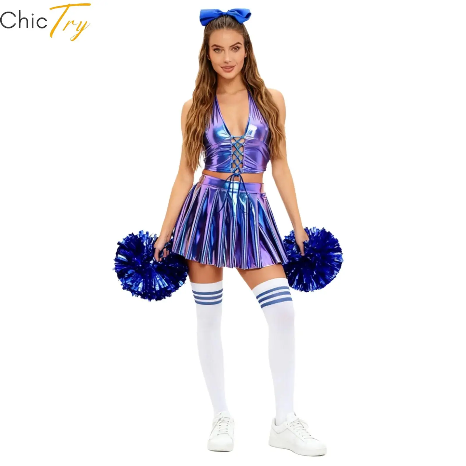 

Женский костюм черлидинга, танцевальная форма, полный комплект с лямкой на шее, мини-юбка, петля для волос, цветочные шары, праздничное платье