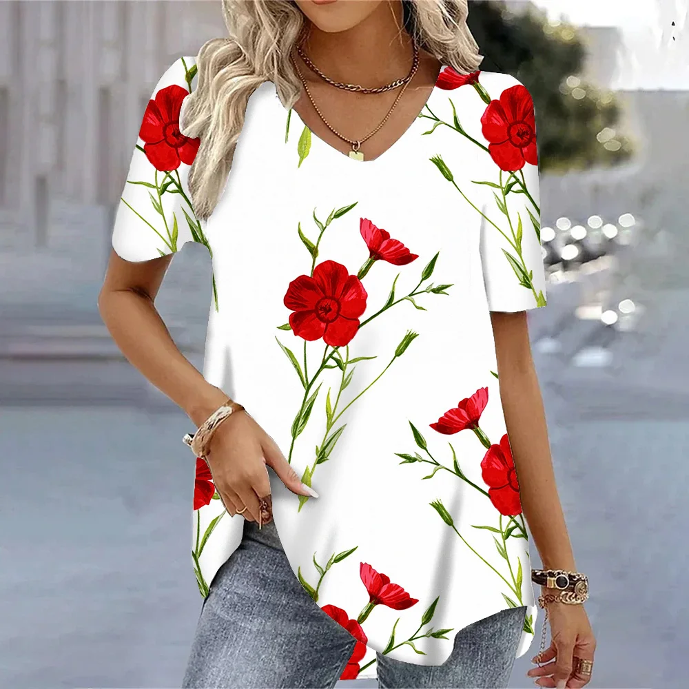 Vintage Rose Printed TShirt Streetwear Women Tops Harajuku Tees Female Clothes Floral Pattern V Neck T-shirt Summer Blouse 2024