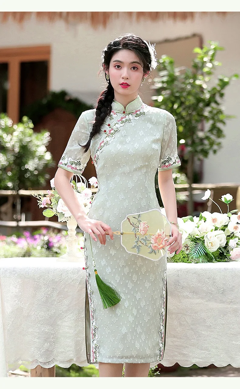 

Женские платья в китайском стиле с коротким рукавом из шифона с принтом