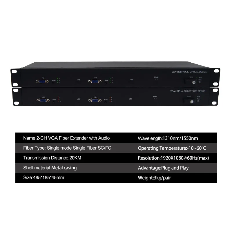 Conversor de fibra óptica VGA de 4 canais 1080P 2 sobre transmissão de fibra única de modo único de até 20 km com suporte para áudio