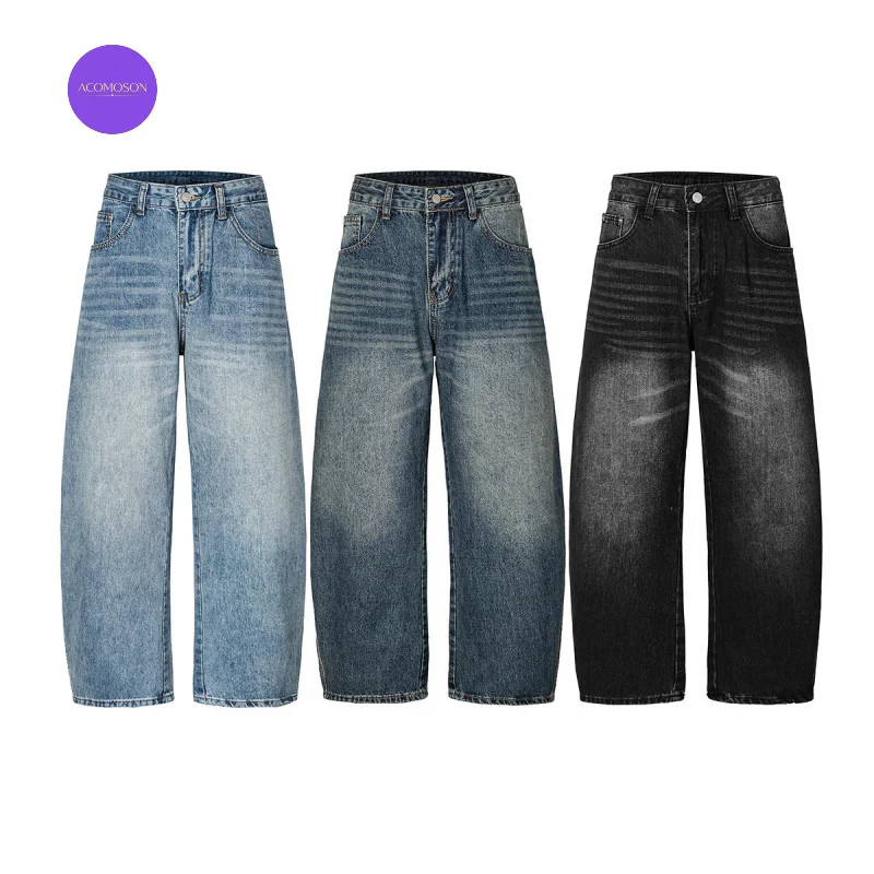 ACOMOSON Luxury Quality EU US Size Autumn Washed Distressed Men'S Jeans Vintage Loose Casual Straight-Leg Trousers