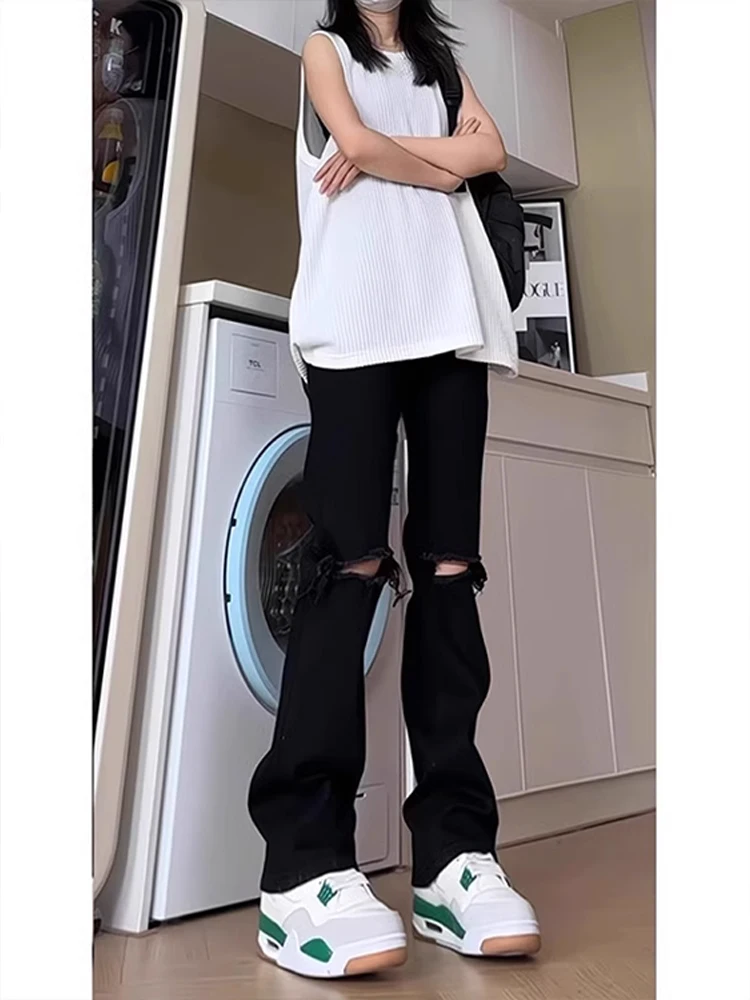 

Bla Hole Ripped Jeans Men's American High Street Cleanfit Pants High Waist Lift Tummy Knife Flared Straight Leg Denim Jeans