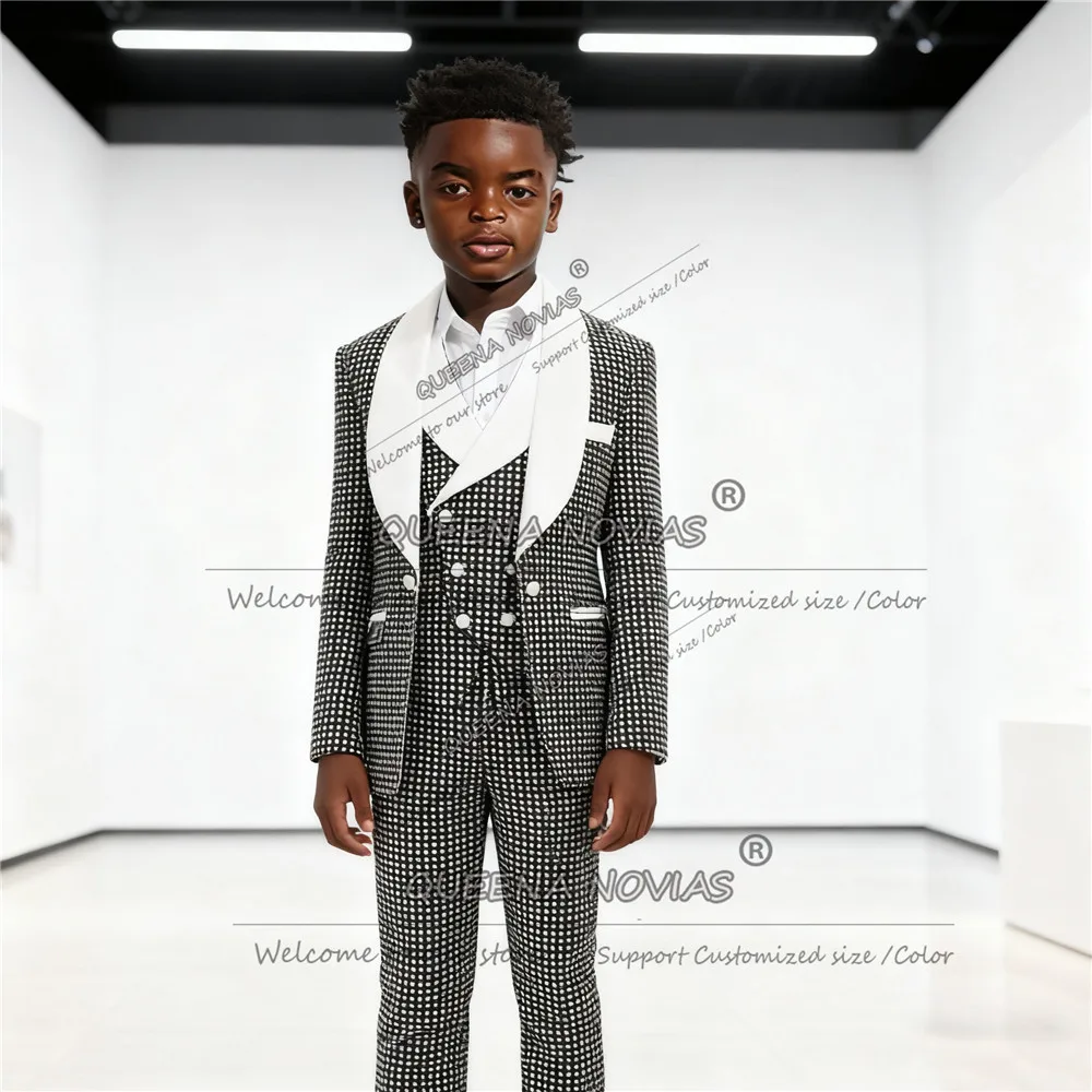 

Модный свадебный костюм-смокинг в горошек для мальчиков, комплект из 3 предметов, детские пиджаки с шалью и лацканами для выпускного вечера, детская одежда для банкета и вечеринки по индивидуальному заказу