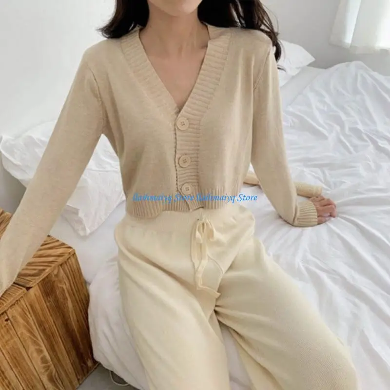 

573B Women Autumn Long Sleeve Sweater Cardigan Sexy V-Neck Button Down Cropped for Jacket Sweet Candy Color Loose Knitted