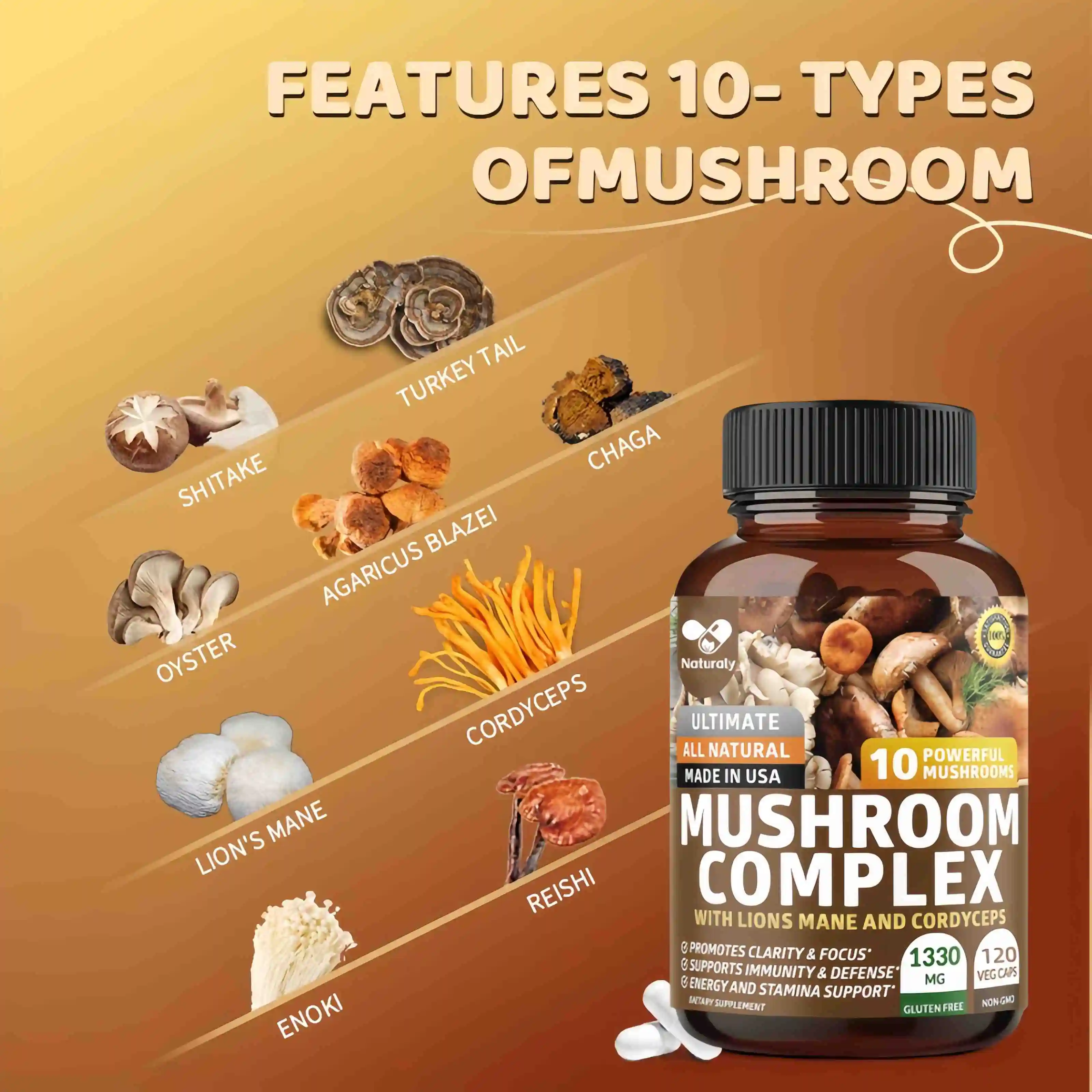 Original Mushroom Complex Capsules with Lions Mane Chaga Cognitive Brain Function Stress Relieves Beauty Health Diet Supplement