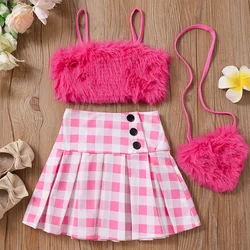 New Baby Girls Barbie Pink Fake Leather Slip Vest + Plaid Skirt + Love Heart Bag Clothing Set Kids Fashion Cool Hot Pink Clothes