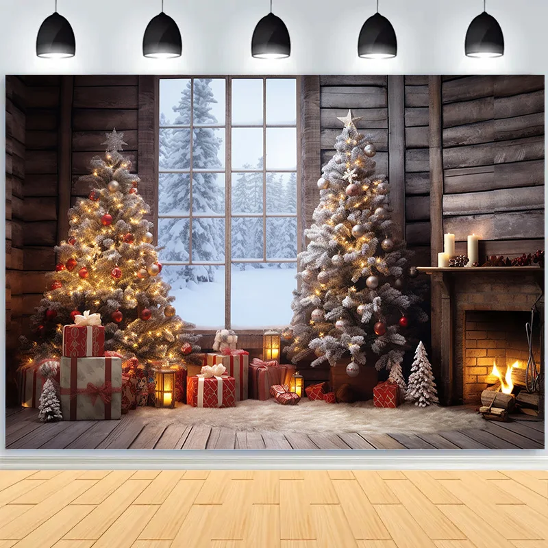 Christmas Tree With Wooden Floor Photography Backdrops Pinecones Snow Fireplace New Year Winter Holiday Party Background DT-29