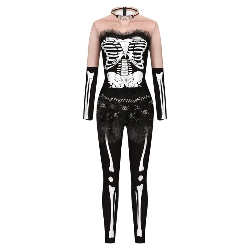 Scary Catsuit Halloween Skeleton Bone Print Costume Women Adult Horror Party Dress Up Jumpsuit Bodysuit Outfit - view 5
