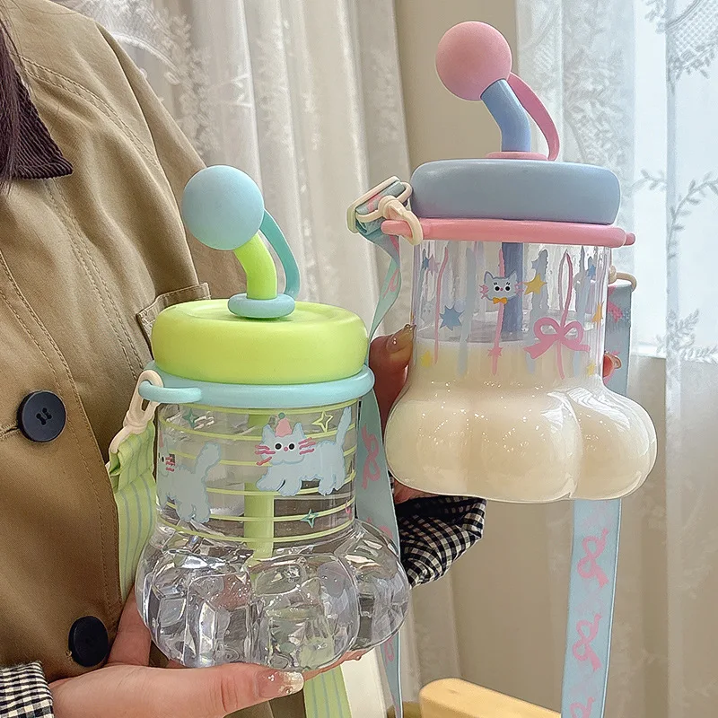 

1L Cute Plastic Straw Water Bottle For Girls Creative Cat Claws Large Capacity Tabletop Sippy Cup Portable Student Drinking Cup