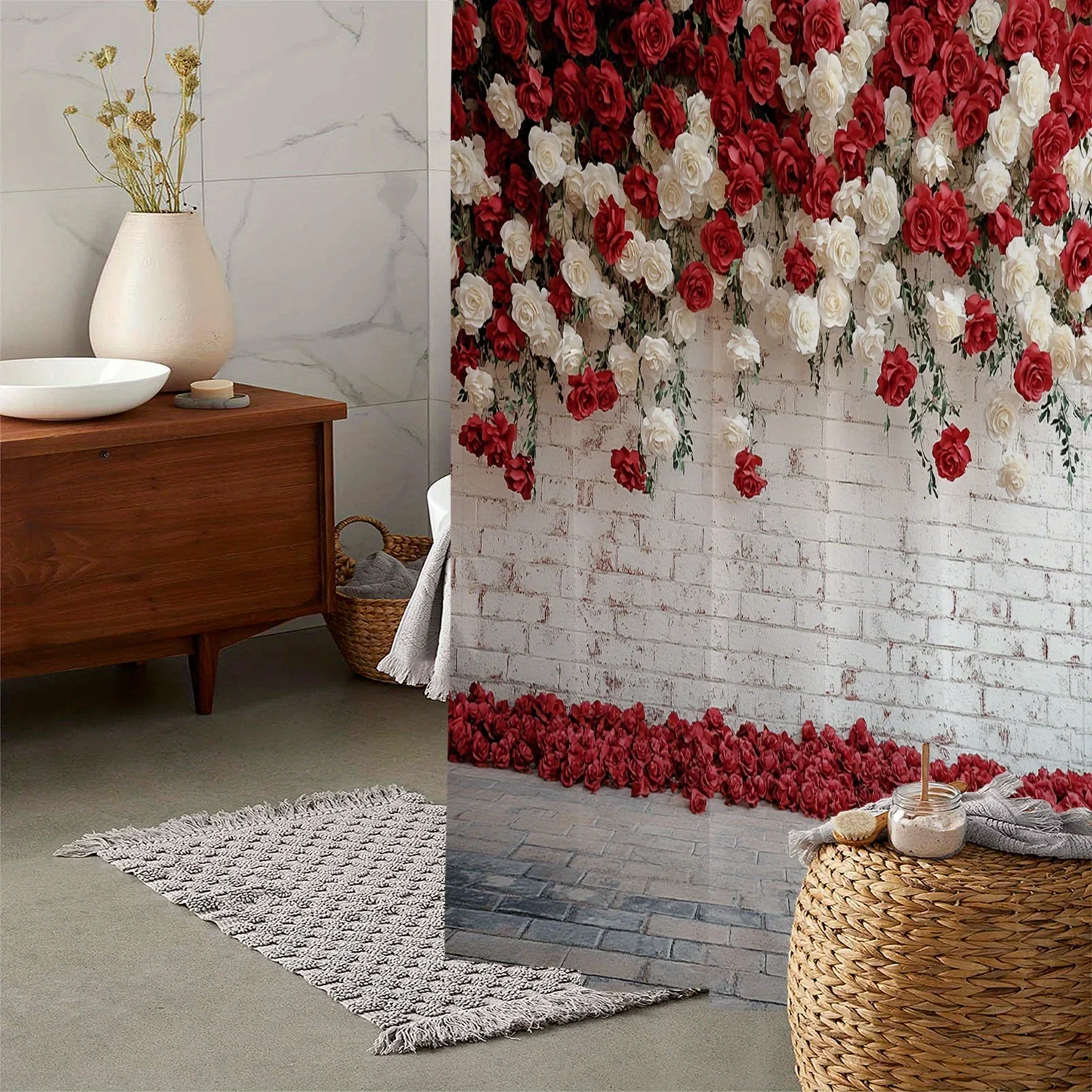 ~O~Open One Piece of Vintage Floral Print Shower Curtain, Window Curtain with 12 Hooks Curtain for Windows