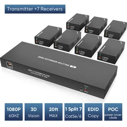 1x7 HDMI Extender Splitter 50M/1080P@60Hz Over Cat 5E/6/7 Ethernet Cable EDID Copy POC Function (1 in 7 Out)