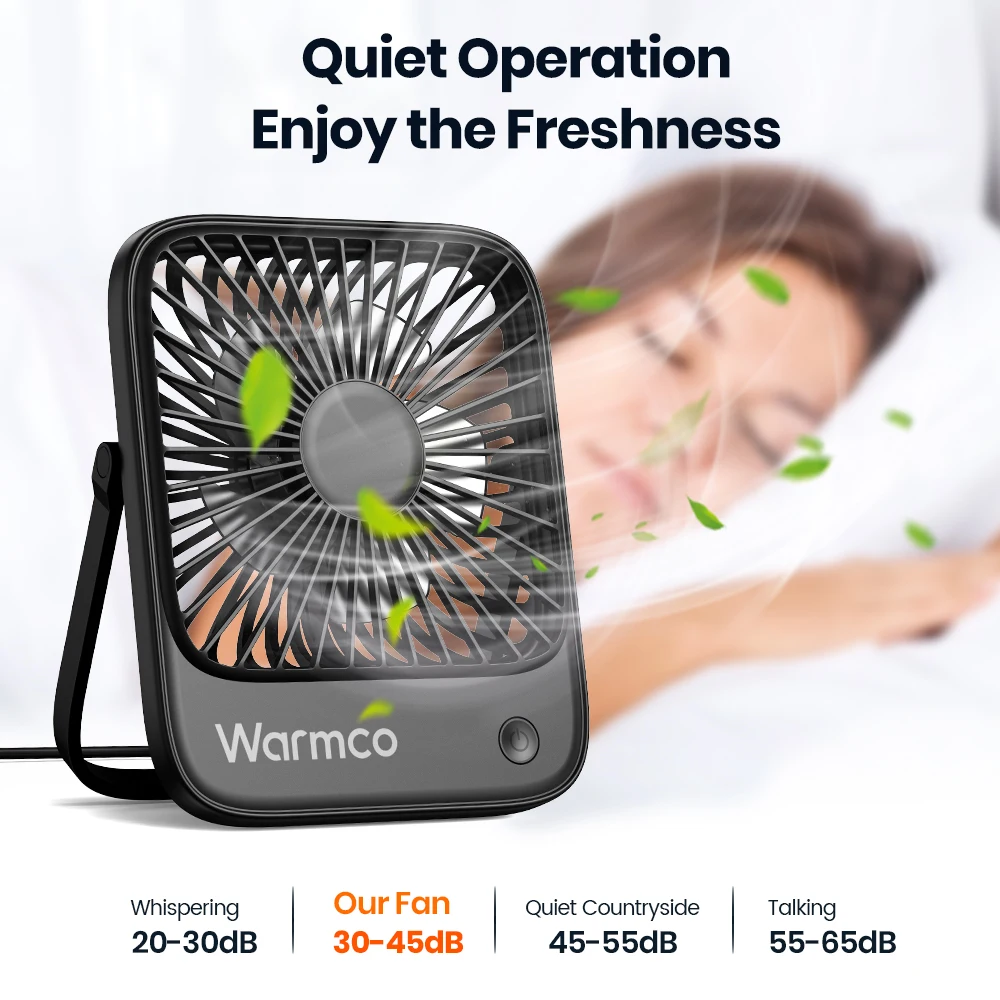 مروحة مكتب USB رفيعة للغاية من Warmco، 3 سرعات قابلة للتعديل، تدفق هواء قوي، عملية هادئة، مروحة شخصية رفيعة للغاية للمكتب والمنزل