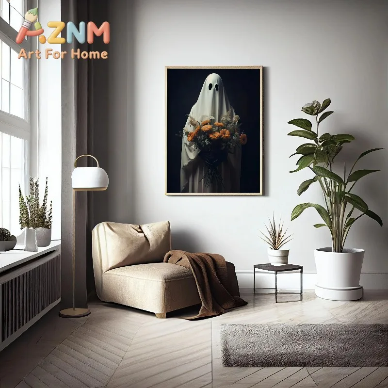 Cute Ghost Wall Art Print Funny Vintage Ghost Portrait Halloween Poster Spooky Witch Canvas Art Print Gothic Home Decor Print
