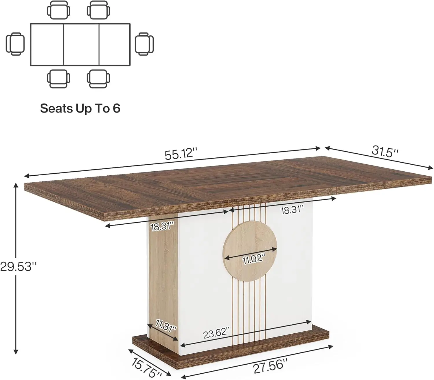 Wood Farmhouse Mesa de jantar para cozinha e sala de estar retangular, tribos, mesa de jantar para 4 a 6 pessoas, 55