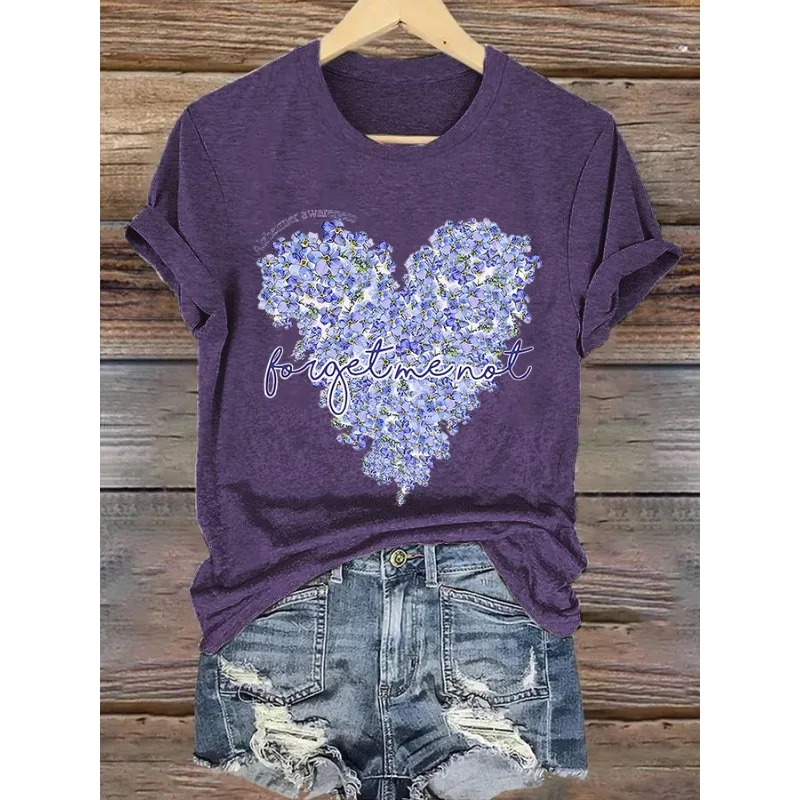 Women's Forget Me Not Print T-Shirts Summer Casual Round Neck T Shirt Short Sleeve Tops Tees