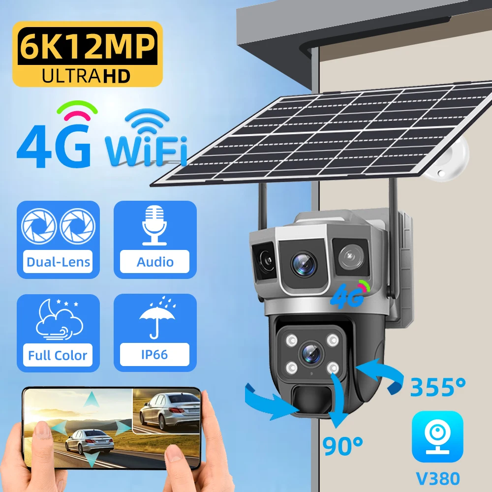

Security Camera 12MP Solar Camera Home Security 4G Camera PTZ 360° Outdoor CCTV with Color Night Vision Motion Sensor Alarms