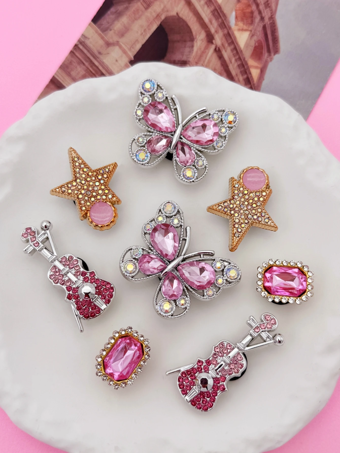 8 pieces of casual gold pink diamond flower, violin, five-pointed star, dotted diamond rectangular ABS resin shoe buckles, DIY d