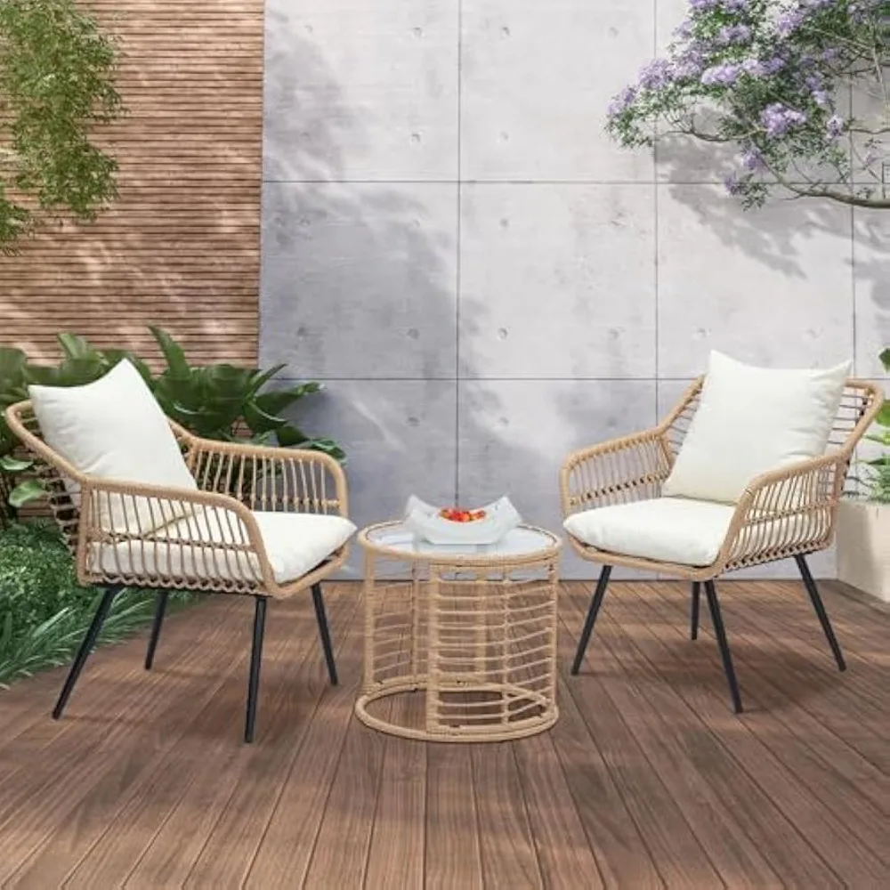 

Patio Bistro Set, Outdoor Patio Wicker Furniture Set with Round Glass Coffee Table, Patio Rattan Chairs Balcony, Lawn, Garden