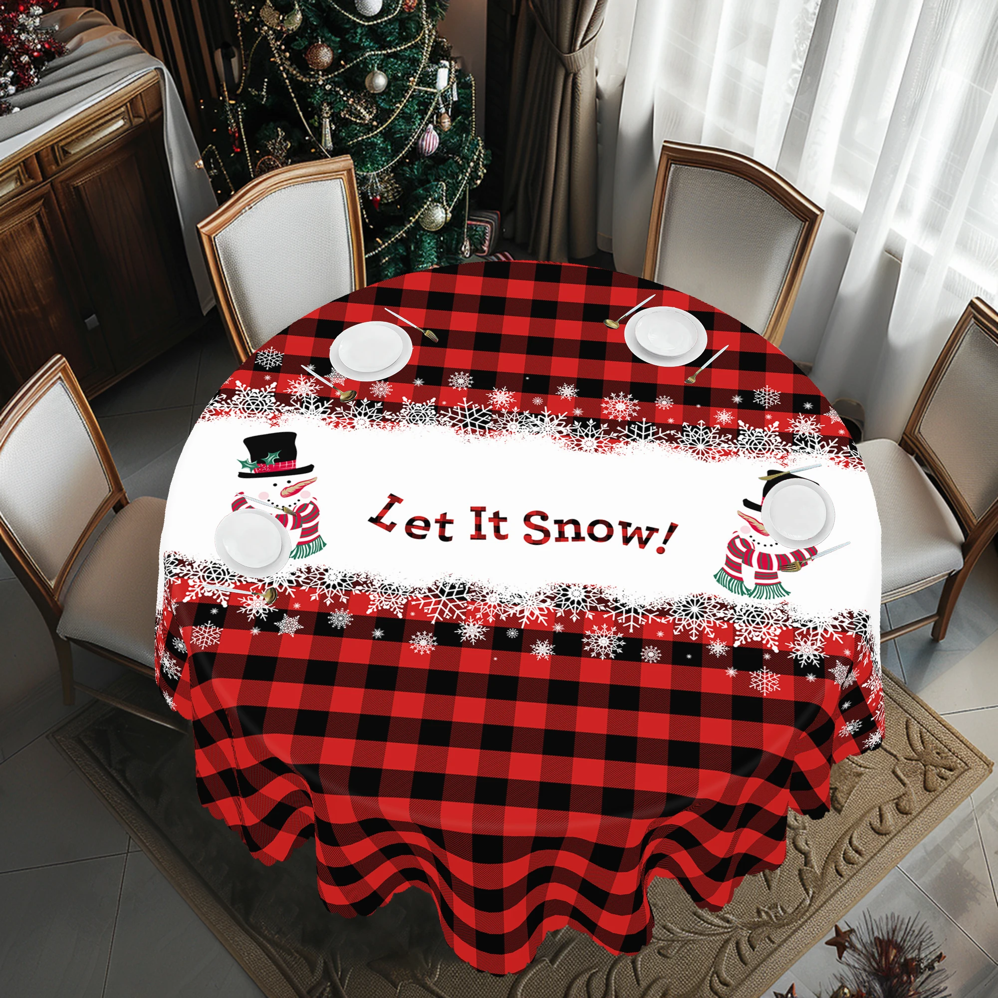 

1 Christmas Themed Round and Rectangular Tablecloth, Available in Various Sizes, Christmas Snowman and Snowflake Print Pattern Red and Black Plaid Tablecloth for Daily Home Kitchen, Terrace, Suitable for Holiday Gifts