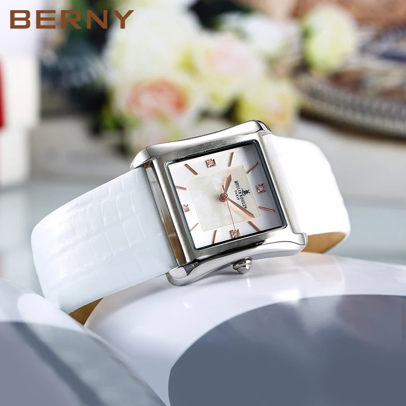 BERNY Genuine Leather Strap Square Women Quartz Watch Ladies Wristwatch Waterproof Gemstone Dial Shell Pattern