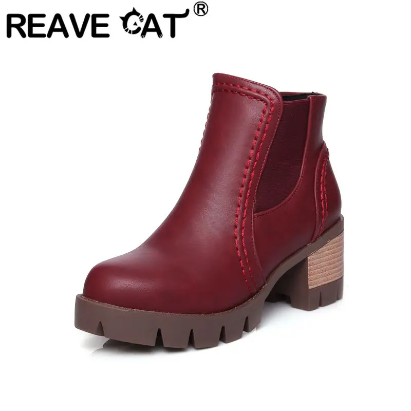 REAVE CAT New Gray Women's Ankle Boots Round Toe 6.5cm Block Heel Slip On Leisure Daily Handmade Short Botas Large Size 41 42 43