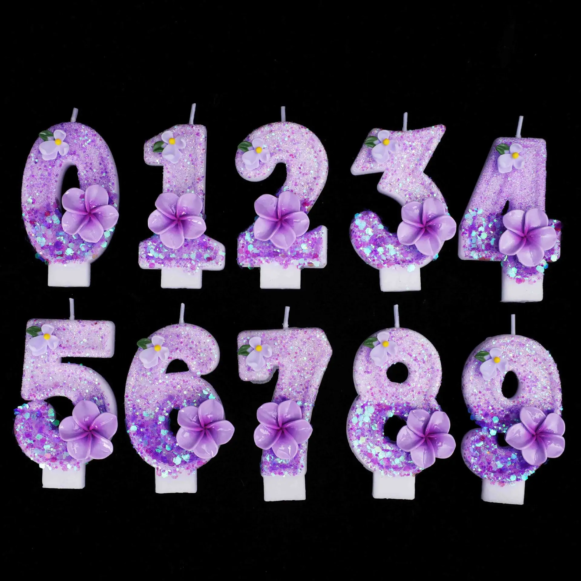 Lila Blumen-Zahlenkerzen 0-9, Glitzer-Plumeria Geburtstagstorten-Deko, Blumen-Themen-Zahlenkerze für Mädchen-Geburtstagsfeier, W – Detail 5