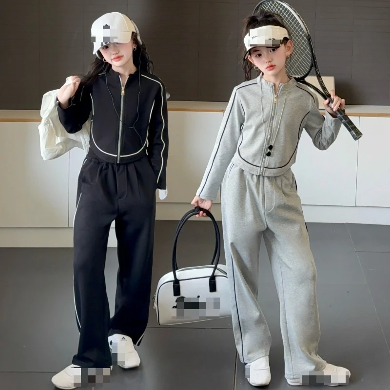 

Girls' Autumn 2025 New Card Rope Stand Collar Zipper Slimming Coat and Wide Leg Pants Two Piece Set