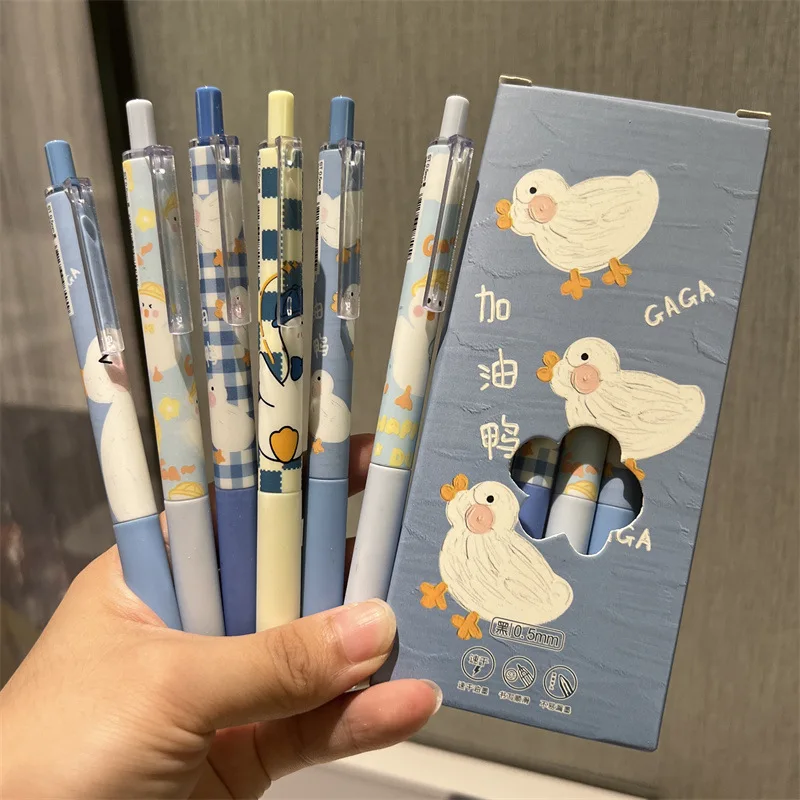 

6pcs Kawai duck Gel Pens Signature Pen 0.5mm black ink Press Ballpoint Pen Writing tools School Office Supplies Cute Stationery