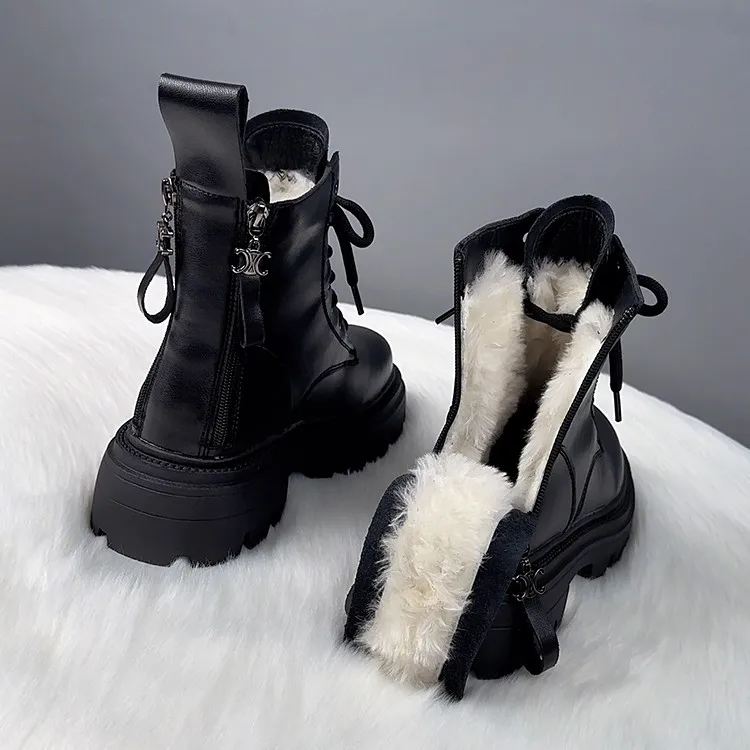 Botas de nieve para mujer, zapatos de invierno, calzado de felpa, punta redonda, tacón plano, cuero Lolita, piel media 2024