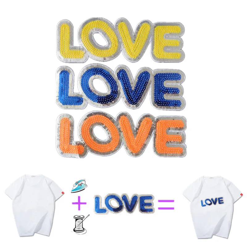 Clothing Women Shirt Top Diy Letter Patch LOVE Sequins deal with it T-shirt girls Iron on Patches for clothes Stickers