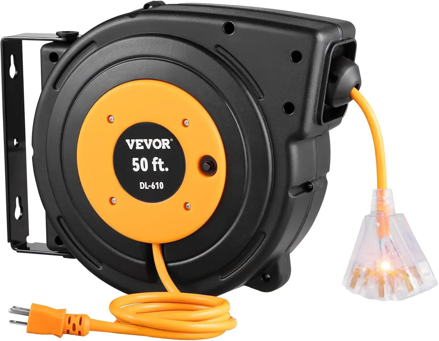 

Retractable Extension Cord Reel, 50 FT Heavy Duty 14AWG/3C SJTOW Power Cord with Lighted Triple Tap Outlet, 13 Amp Circuitunt