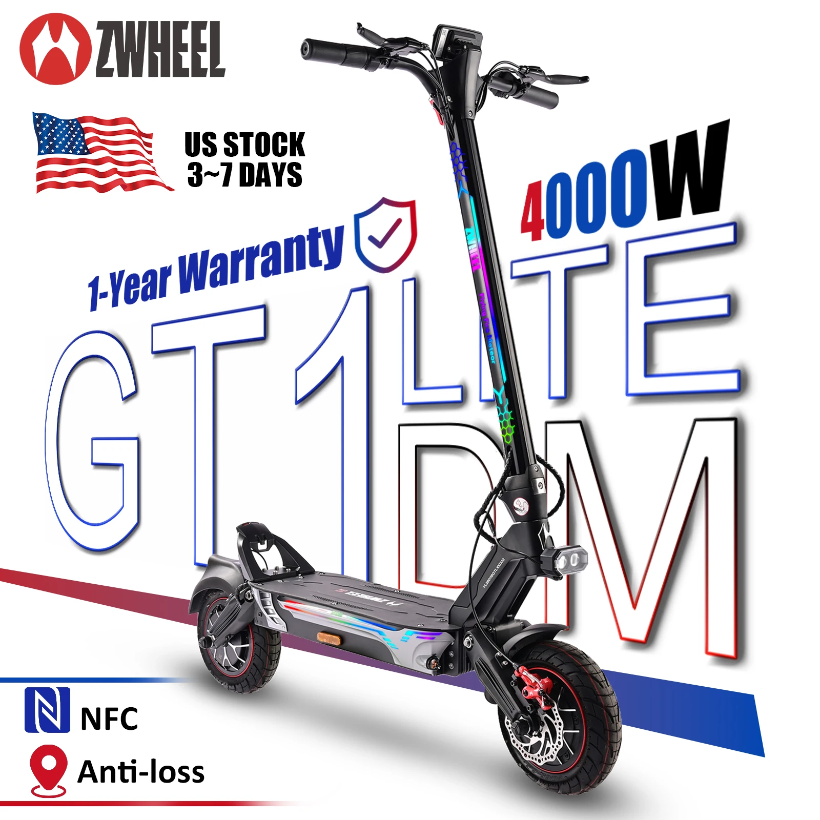 ZWHEEL GT1-Lite Dual Motors Electric Scooter Max Power 4000W Max Speed 42MPH Max Range 50 Miles 1300Wh Battery 4 Usage Modes All-wheel Drive 10''Off-Road Tires APP Bluetooth Unlocking Anti-theft Prote