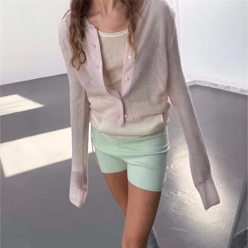 Dongda Gate Vegetable Spring Summer New Misty Light Pink Long Sleeve Knitted Open Cardigan Women's Thin Fleece Lined Cardigan
