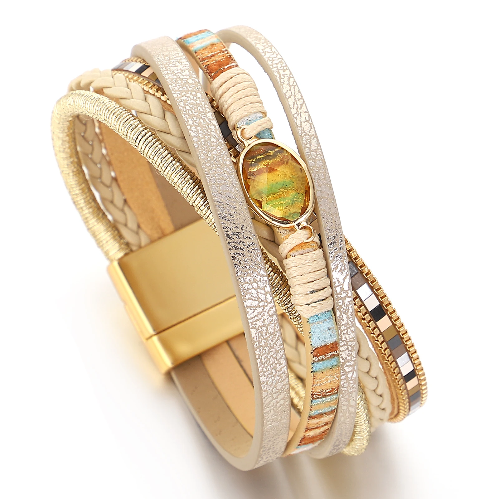 ALLYES Bohemianisches Strass-Streifen-Lederarmband für Damen, Vintage, mehrlagig, breites Wickelarmband, Charm-Schmuck – Detail 14
