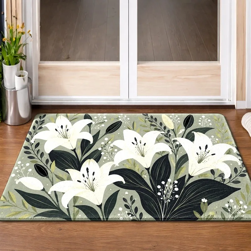 Minimalist White Lily Doormat Background Elegant Flower Foliage Pattern Floor Rug Soft Garden Decor Mat for House Entryway