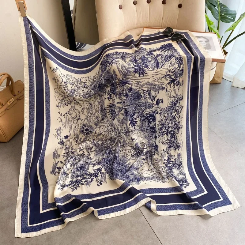 

1pcs 70cm Plant-printed Silk Scarf Women Simulated Silk Elegant and Versatile Headwear Bag Clothing and Accessories Square Scarf
