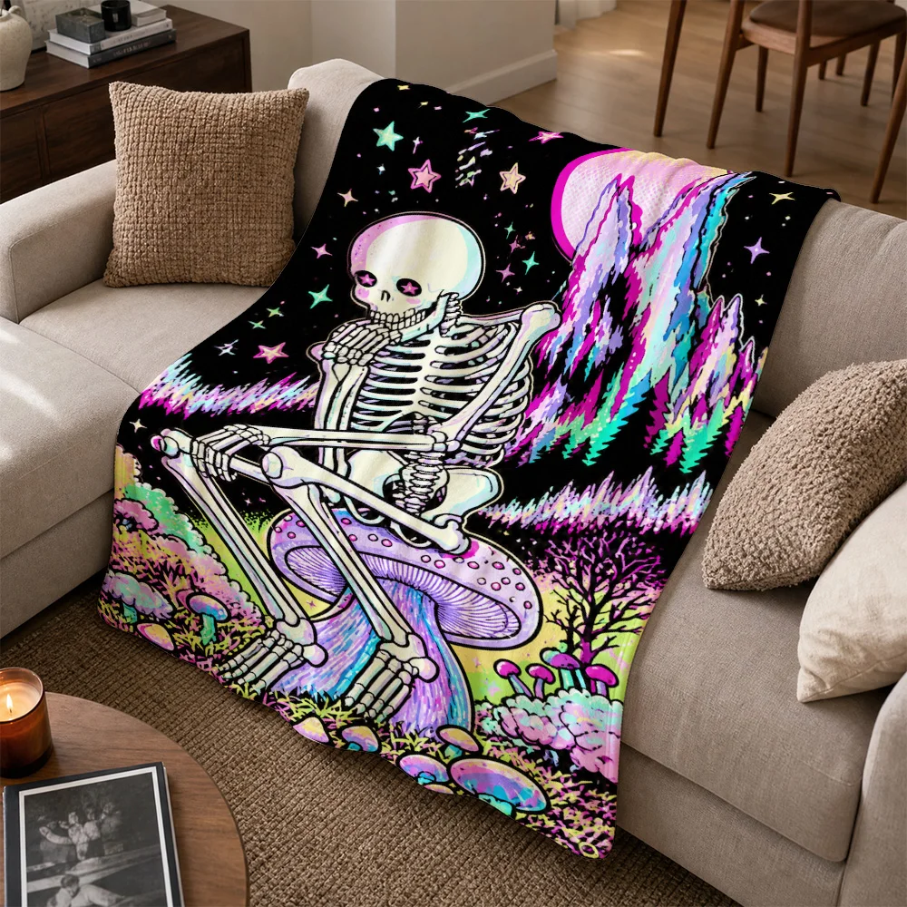 Ultra Psychedelic Skeleton Mushroom Throw Blanket Bohemian Retro Art Decor Cozy Couch Throw Tapestry Gift for Living Room Space