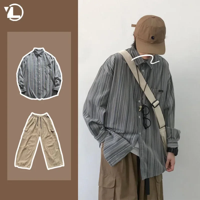 College Retro Men  Two-piece Japanese Casual Set Loose Striped Shirt+large Pocket Drawstring Wide Leg Pants New Unisex Suit