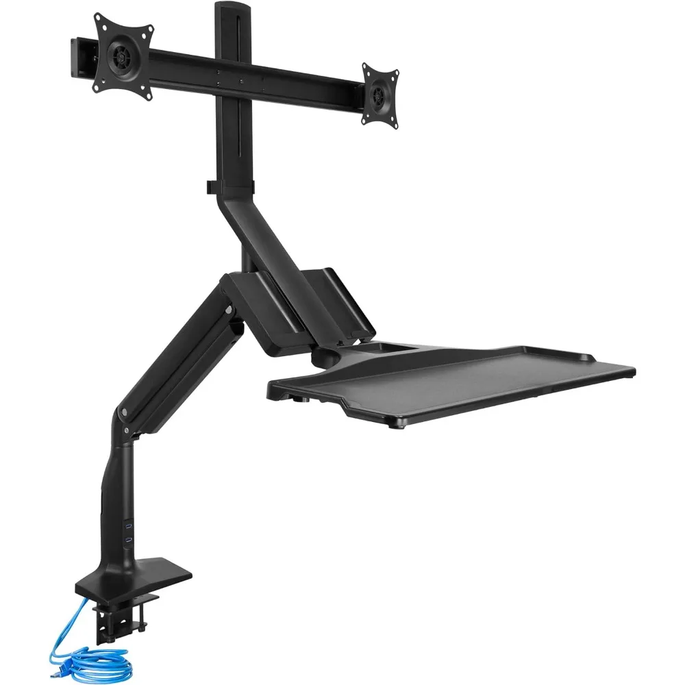 Mount-It! Dual Monitor Sit Stand Workstation with Gas Spring Arm | Height Adjustable Standing Desk Converter | 2 Integrated USB