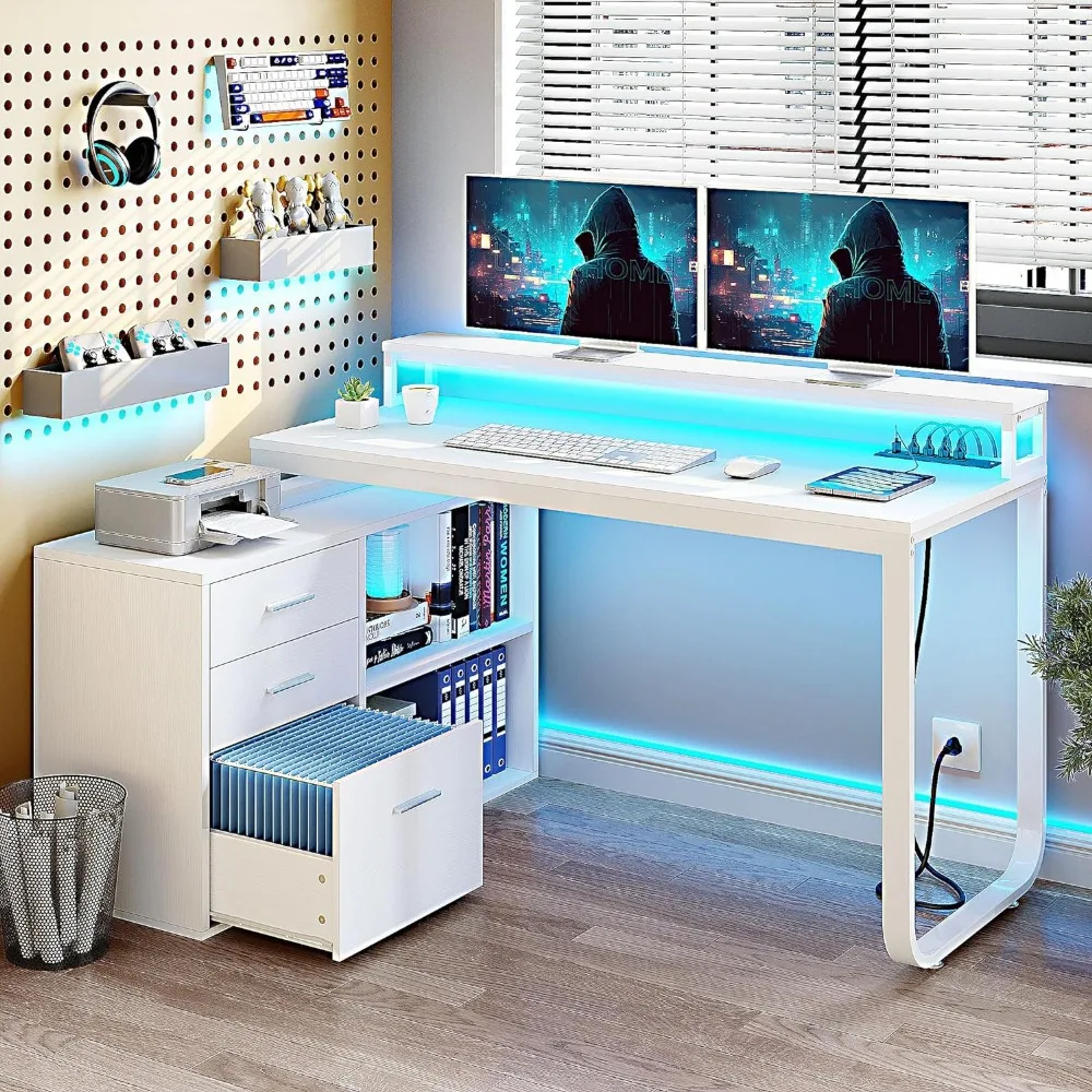 

L Shaped Desk with Drawers, 55" Corner Computer Desk with Power Outlets & LED Lights, Home Office Desk with File Cabinet, White