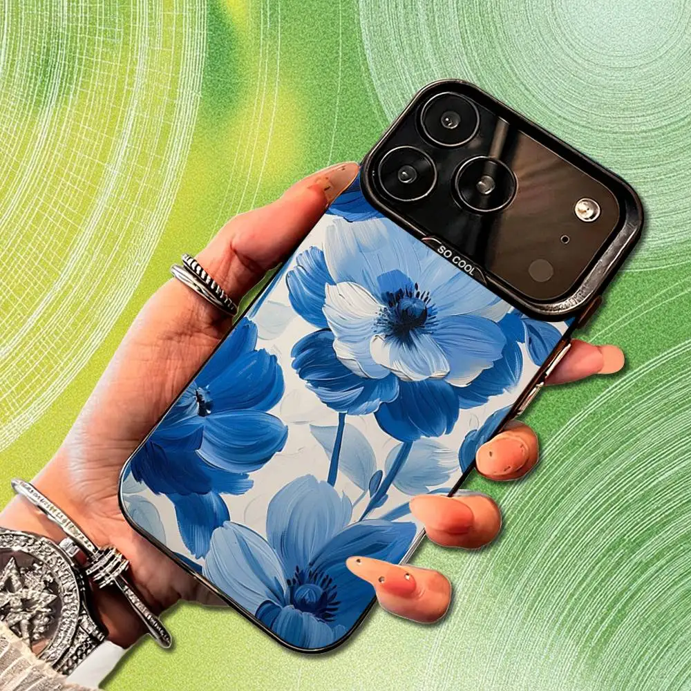 Чехол для телефона с синей художественной цветочной росписью для iPhone 14,17,13,12,11,16,15, Mini, Pro, SE, XS, MAX, черный матовый силиконовый чехол
