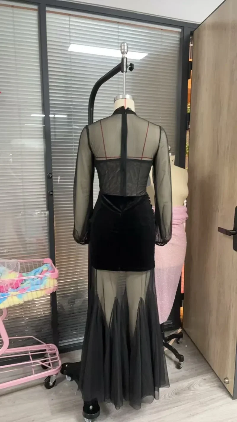 بقماش شفاف المرقعة المخملية حورية البحر فستان ماكسي للحفلات المرأة مثير ثوب مسائي س الرقبة كم كامل ملفوفة Ruched Bodycon رداء طويل #3