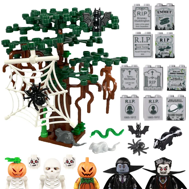 MOC-figura de soldado de Halloween para niños, bloques de construcción, árbol, Araña, serpiente, planta, calabaza, esqueleto, murciélago, lápida,