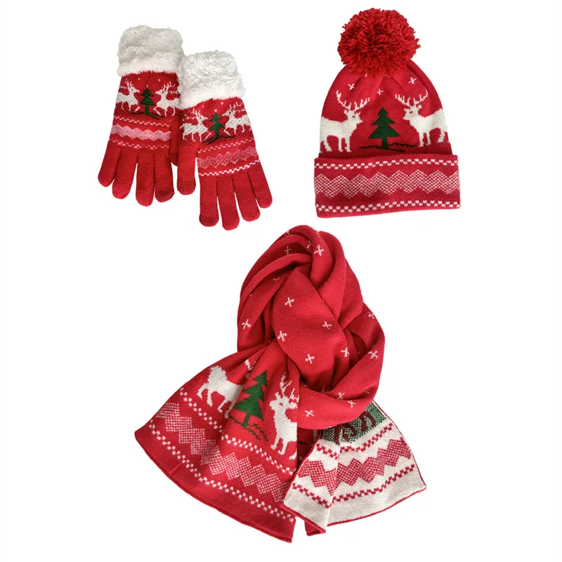 3 Pcs Christmas Hat Scarf Gloves Set Christmas Gifts Winter Christmas Knitted Elf Hat Santa Scarf for Party With Box