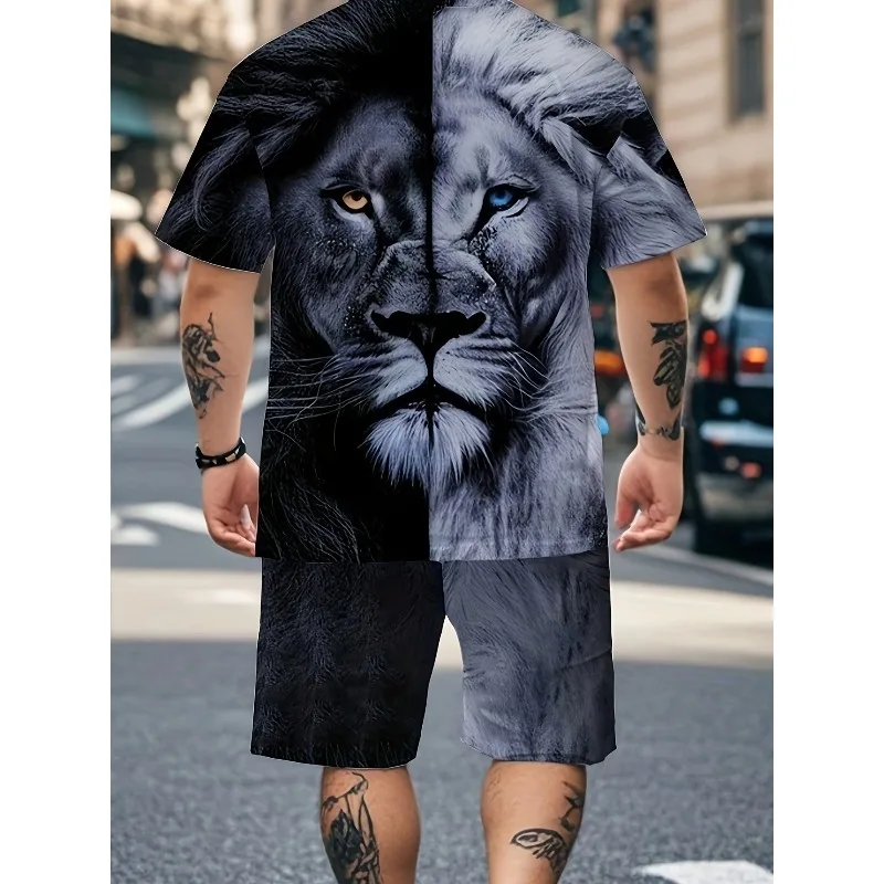 2025 Men's 3D Summer 2-piece Printed Round Neck Short Sleeved T-shirt and Sports Shorts Set Casual Outdoor Daily Polyester Fiber